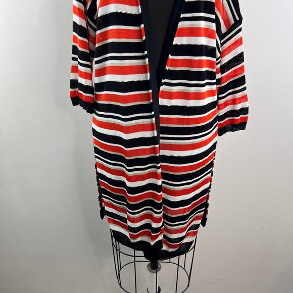 KAREN MILLEN Black Orange White Long Open Cardigan Stripe Side Slit Sz Medium M - Picture 5 of 12